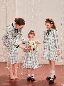 Modelyn 1pc Mock Neck Bow Front Plaid Tweed Dress - White - View 3