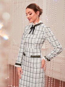 Modelyn 1pc Mock Neck Bow Front Plaid Tweed Dress - White - View 4