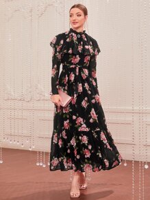Modelyn 1pc Floral Print Ruffle Trim Belted Dress - Black - View 1
