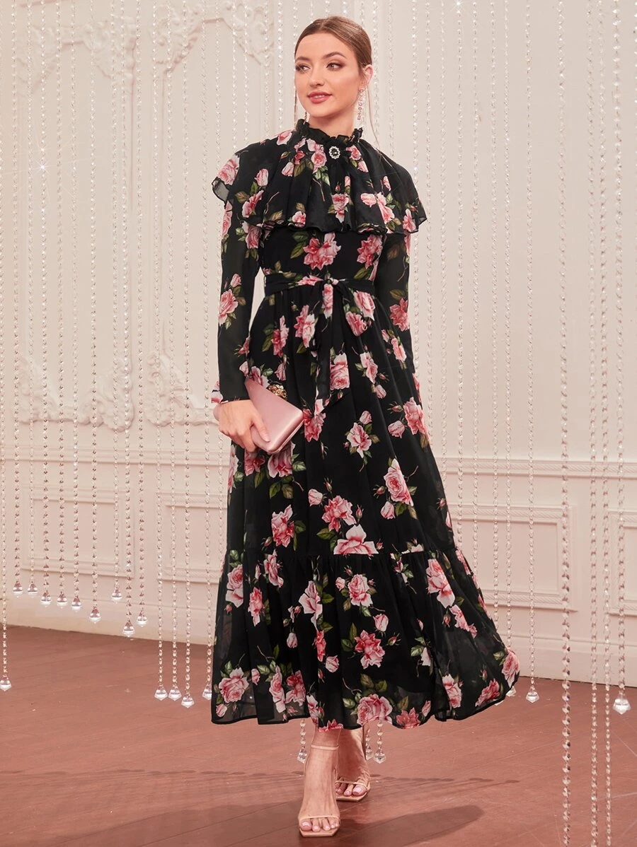 Modelyn 1pc Floral Print Ruffle Trim Belted Dress - Black - View 1