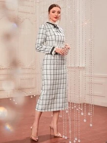 Modelyn 1pc Mock Neck Bow Front Plaid Tweed Dress - White - View 6