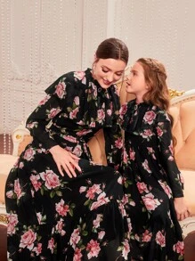 Modelyn 1pc Floral Print Ruffle Trim Belted Dress - Black - View 5