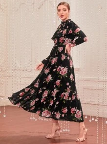 Modelyn 1pc Floral Print Ruffle Trim Belted Dress - Black - View 6