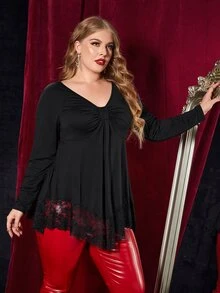 Plus Ruched Front Eyelash Lace Hem Tee - Black - View 5