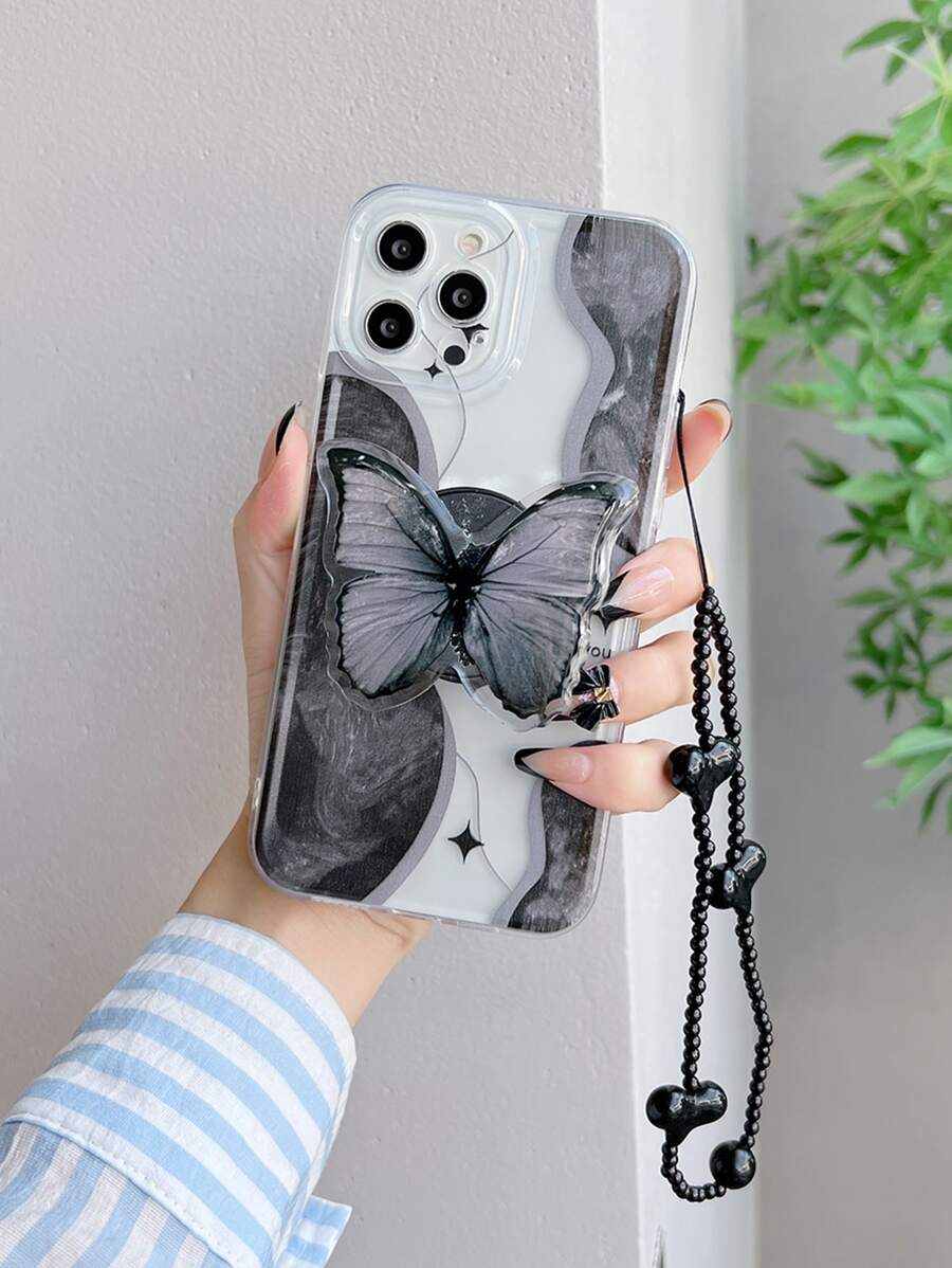 大理石纹蝴蝶图案手机壳，带挂绳和支架功能，兼容 15 Pro Max / 14 / 13 / 12 / 11，国际版，非国内版 - 彩色 - 查看 1