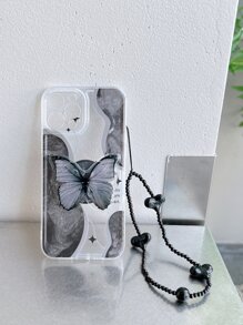 大理石纹蝴蝶图案手机壳，带挂绳和支架功能，兼容 15 Pro Max / 14 / 13 / 12 / 11，国际版，非国内版 - 彩色 - 查看 4