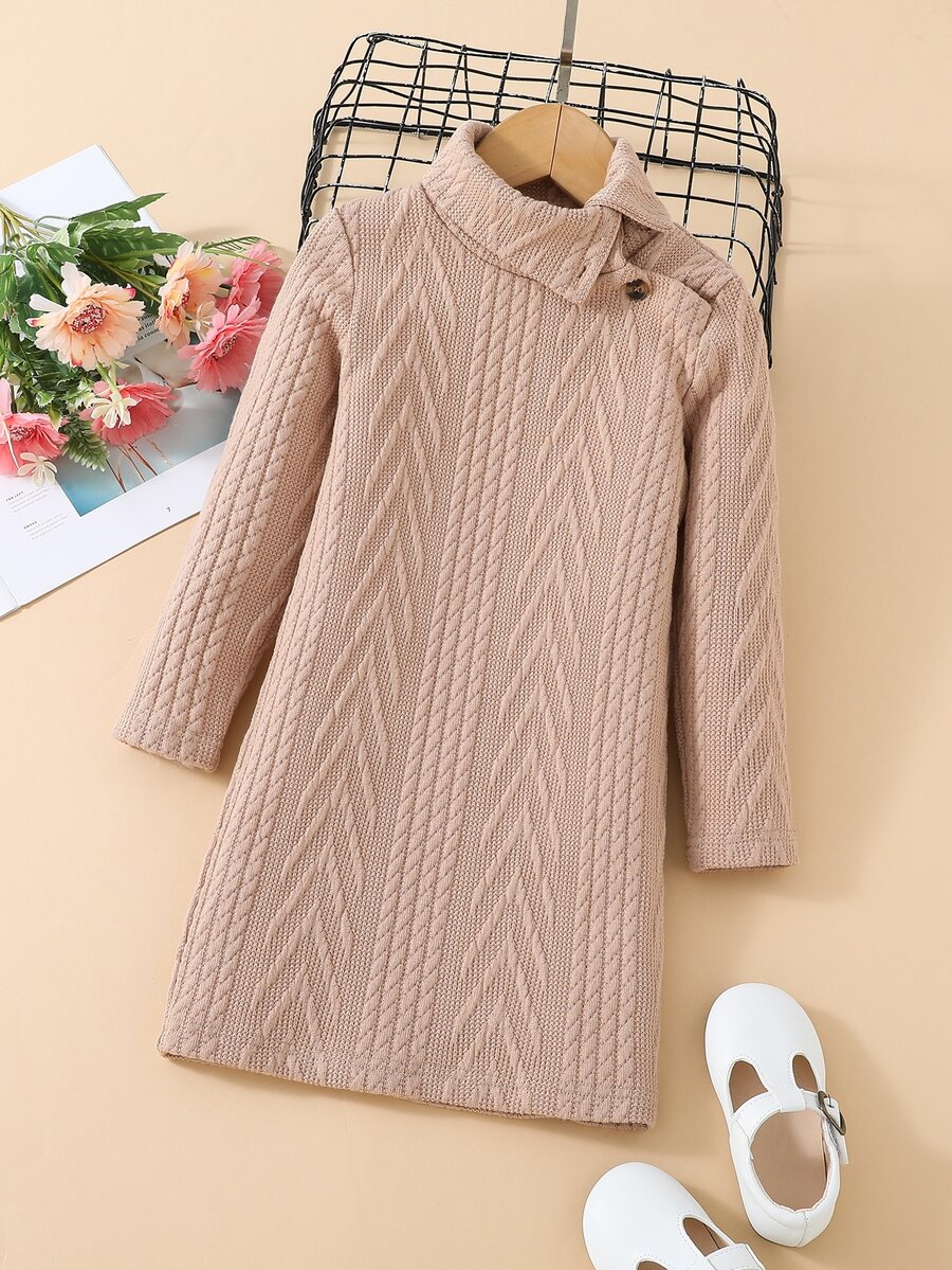 Toddler Girls Asymmetrical Neck Cable Knit Tee Dress - Apricot - View 1