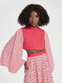 Yumiko 花卉圖案荷葉袖短款上衣 - 西瓜粉 - 查看 1