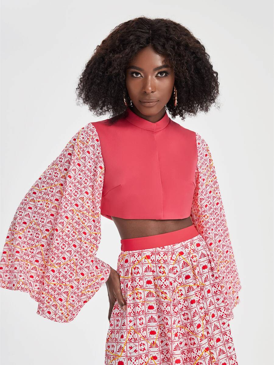 Yumiko 花卉圖案荷葉袖短款上衣 - 西瓜粉 - 查看 1