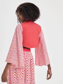 Yumiko 花卉圖案荷葉袖短款上衣 - 西瓜粉 - 查看 2