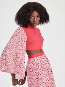 Yumiko 花卉圖案荷葉袖短款上衣 - 西瓜粉 - 查看 4