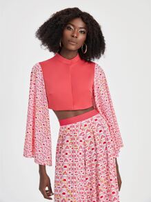 Yumiko 花卉圖案荷葉袖短款上衣 - 西瓜粉 - 查看 5