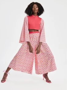 Yumiko 花卉圖案荷葉袖短款上衣 - 西瓜粉 - 查看 6