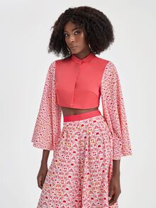 Yumiko 花卉圖案荷葉袖短款上衣 - 西瓜粉 - 查看 7