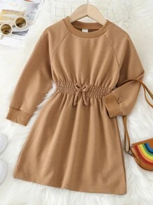 Toddler Girls Raglan Sleeve Elastic Waist Sweatshirt Dress - Brown - View 1