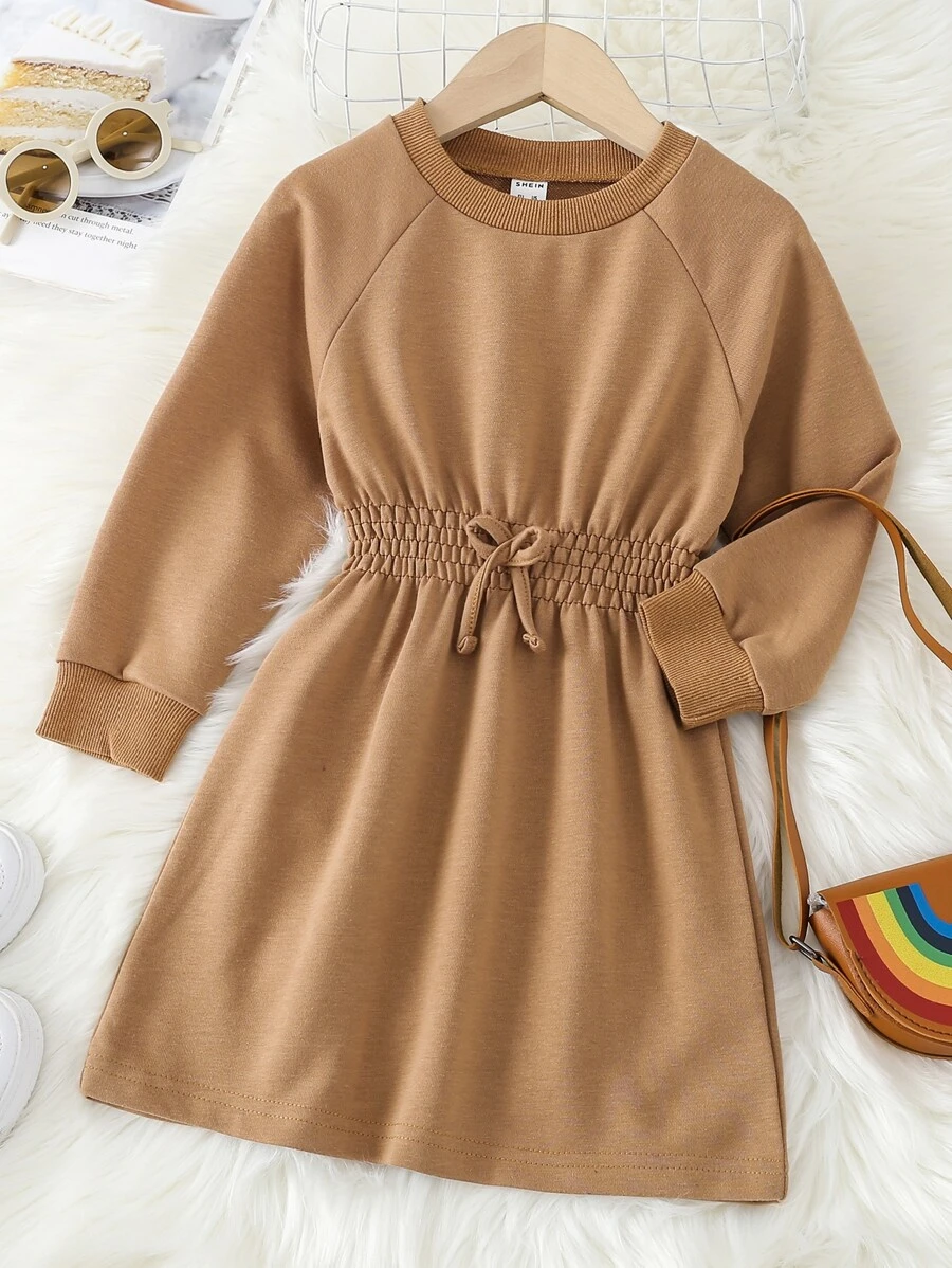 Toddler Girls Raglan Sleeve Elastic Waist Sweatshirt Dress - Brown - View 1