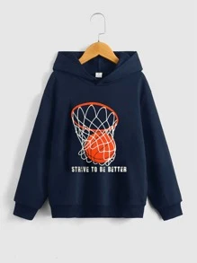 SHEIN 男孩籃球和標語圖案落肩袖連帽衫