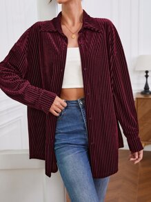 SHEIN LUNE Drop Shoulder Velvet Shirt - Maroon - View 2