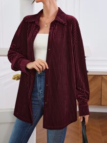 SHEIN LUNE Drop Shoulder Velvet Shirt - Maroon - View 4