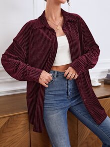 SHEIN LUNE Drop Shoulder Velvet Shirt - Maroon - View 1