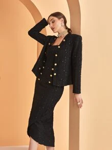 Modelyn Double Breasted Tweed Tube Dress & Jacket - Black - View 6