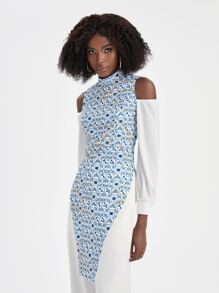 Yumiko 碎花挖肩不對稱下擺上衣 - 藍白色 - 查看 3