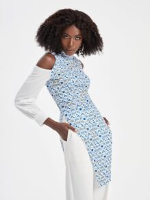 Yumiko 碎花挖肩不對稱下擺上衣 - 藍白色 - 查看 4