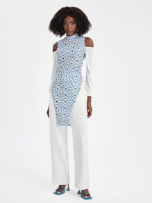 Yumiko 碎花挖肩不對稱下擺上衣 - 藍白色 - 查看 7