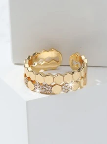 方晶鋯石和幾何裝飾開口戒指 - 金黃色 - 查看 2