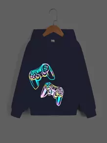 SHEIN Tween Boy Reflective Gamepad Print Sweatshirt - Navy Blue - View 1