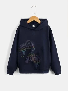 SHEIN Tween Boy Reflective Gamepad Print Sweatshirt - Navy Blue - View 3
