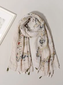 花卉圖案流蘇墜飾圍巾 - 彩色 - 查看 1