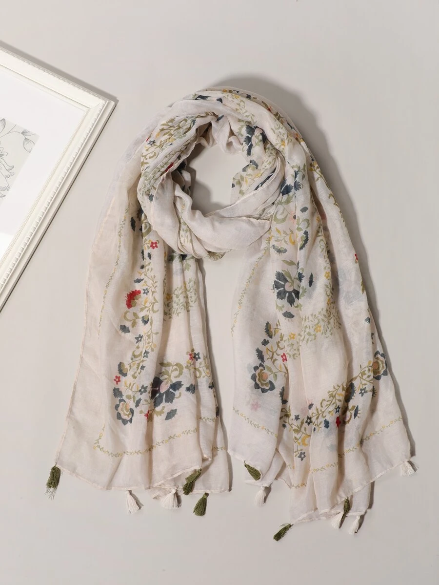 花卉圖案流蘇墜飾圍巾 - 彩色 - 查看 1