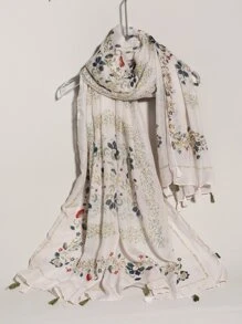 花卉圖案流蘇墜飾圍巾 - 彩色 - 查看 3