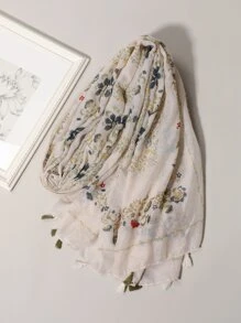 花卉圖案流蘇墜飾圍巾 - 彩色 - 查看 5