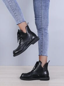 Lace-up Front Combat Boots - Black - View 1