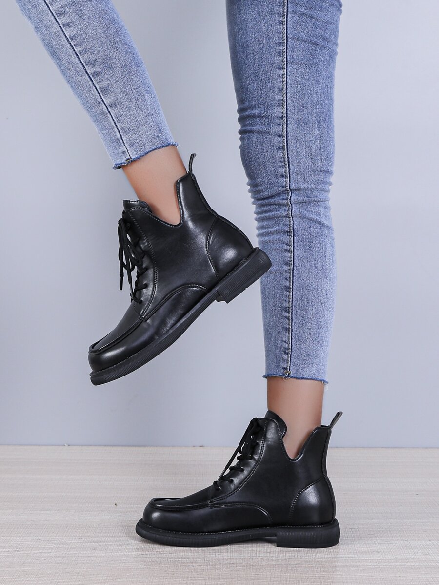 Lace-up Front Combat Boots - Black - View 1
