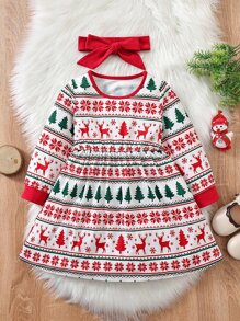 小女童聖誕圖案洋裝和頭巾