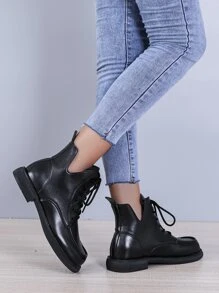 Lace-up Front Combat Boots - Black - View 2