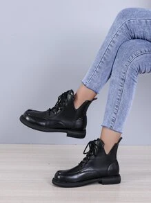 Lace-up Front Combat Boots - Black - View 4
