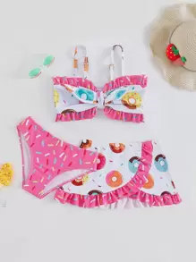 Sparklyn Young Girl Donuts Print Frill Trim Knot Front Bikini Set With Beach Skirt Summer Beach Summer Holiday - Multicolor - View 1