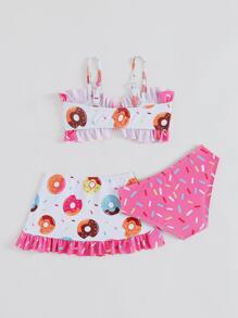 Sparklyn Young Girl Donuts Print Frill Trim Knot Front Bikini Set With Beach Skirt Summer Beach Summer Holiday - Multicolor - View 2