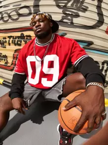 EASEVO Men Plus Letter Graphic Striped Trim Drop Shoulder Tee Without Top - Red - View 1