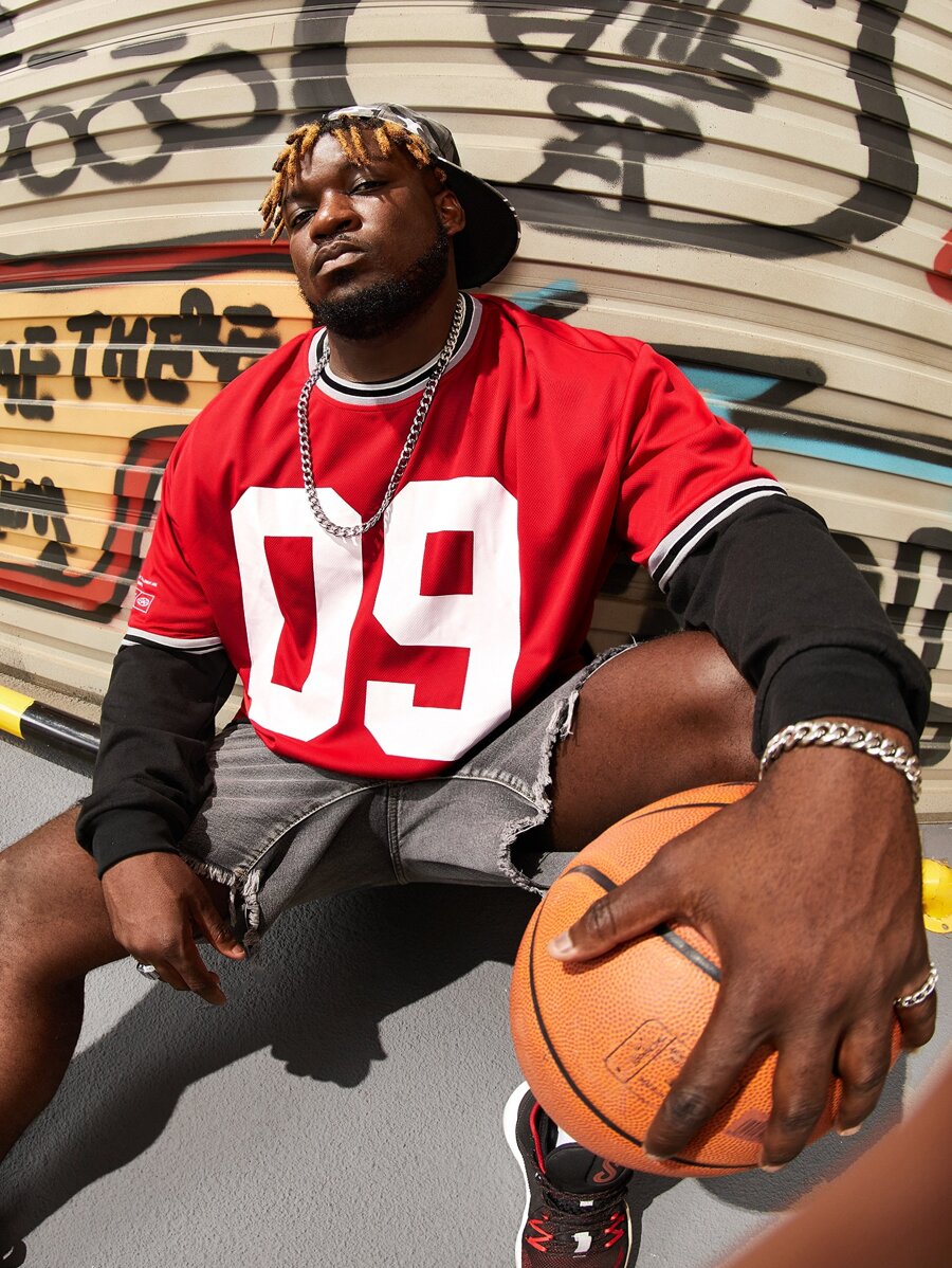 EASEVO Men Plus Letter Graphic Striped Trim Drop Shoulder Tee Without Top - Red - View 1