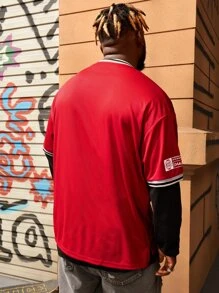 EASEVO Men Plus Letter Graphic Striped Trim Drop Shoulder Tee Without Top - Red - View 2