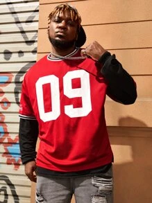 EASEVO Men Plus Letter Graphic Striped Trim Drop Shoulder Tee Without Top - Red - View 3