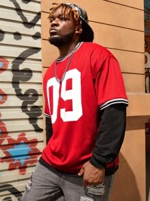 EASEVO Men Plus Letter Graphic Striped Trim Drop Shoulder Tee Without Top - Red - View 4