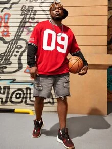 EASEVO Men Plus Letter Graphic Striped Trim Drop Shoulder Tee Without Top - Red - View 7