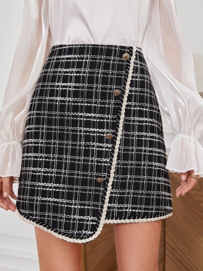 SHEIN High Waist Plaid Single Breasted Tweed Skirt
