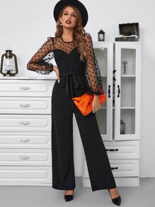 SHEIN Privé Contrast Dobby Mesh Lantern Sleeve Belted Jumpsuit - Black - View 2